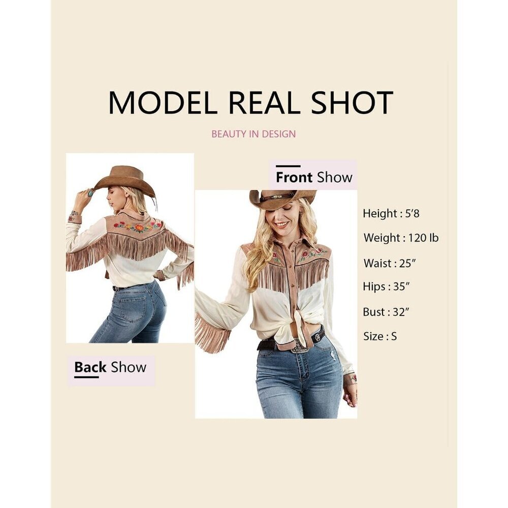Women's White Fringe Long Sleeve Floral Embroidered Button Down Blouse Shirts - Picture 5 of 5